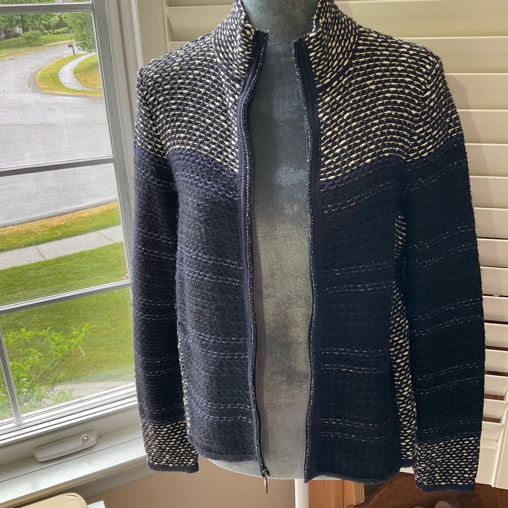 Chico’s Full Zip Cardigan in Blue, Black, and Cream with Metallic Accent Thread
